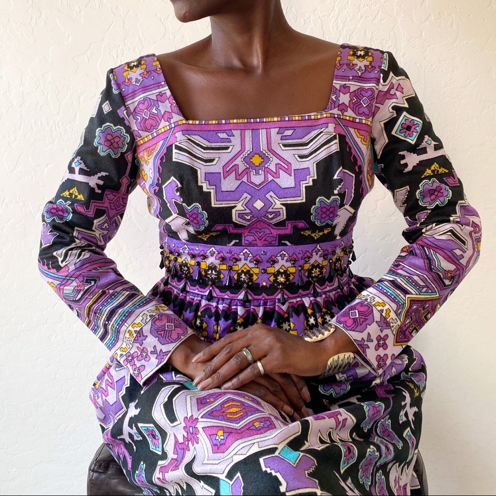 Vtg Abstract Maxi Dress with Embellished Waist